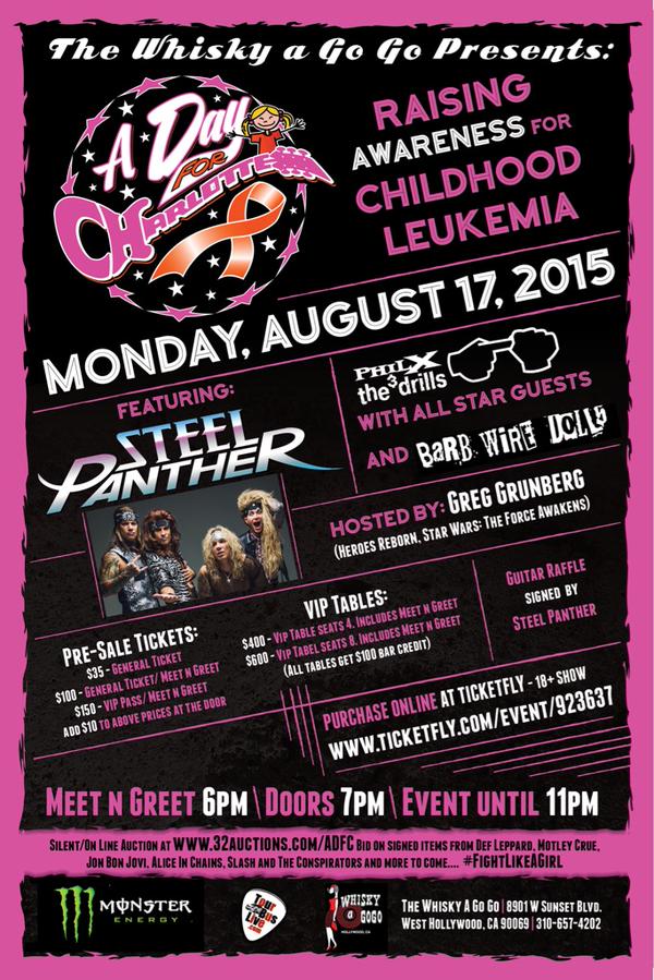 STEEL PANTHER, PHIL X and THE DRILLS with Special All-Star Guests Benefit Concert: A DAY FOR CHARLOTTE The Whisky a Go Go Monday Aug 17,&nbsp;2015