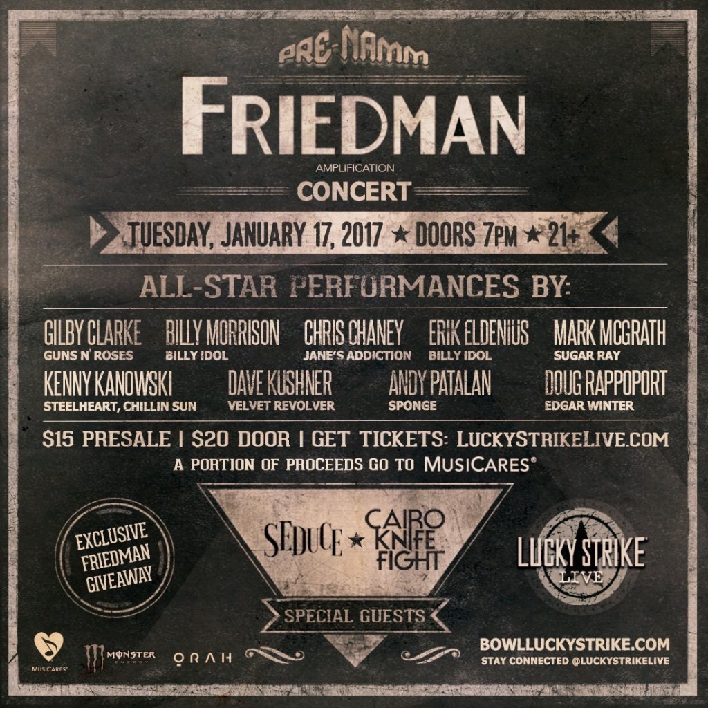 Jerry Cantrell added to Friedman Amplification Pre-NAMM Concert at Lucky Strike Live Gilby Clarke Billy Morrison Mark McGrath Chris Chaney Erik Eldenius Kenny Kanowski Doug Rappoport Dave Kushner Cairo Knife Fight&nbsp;1/17/2017